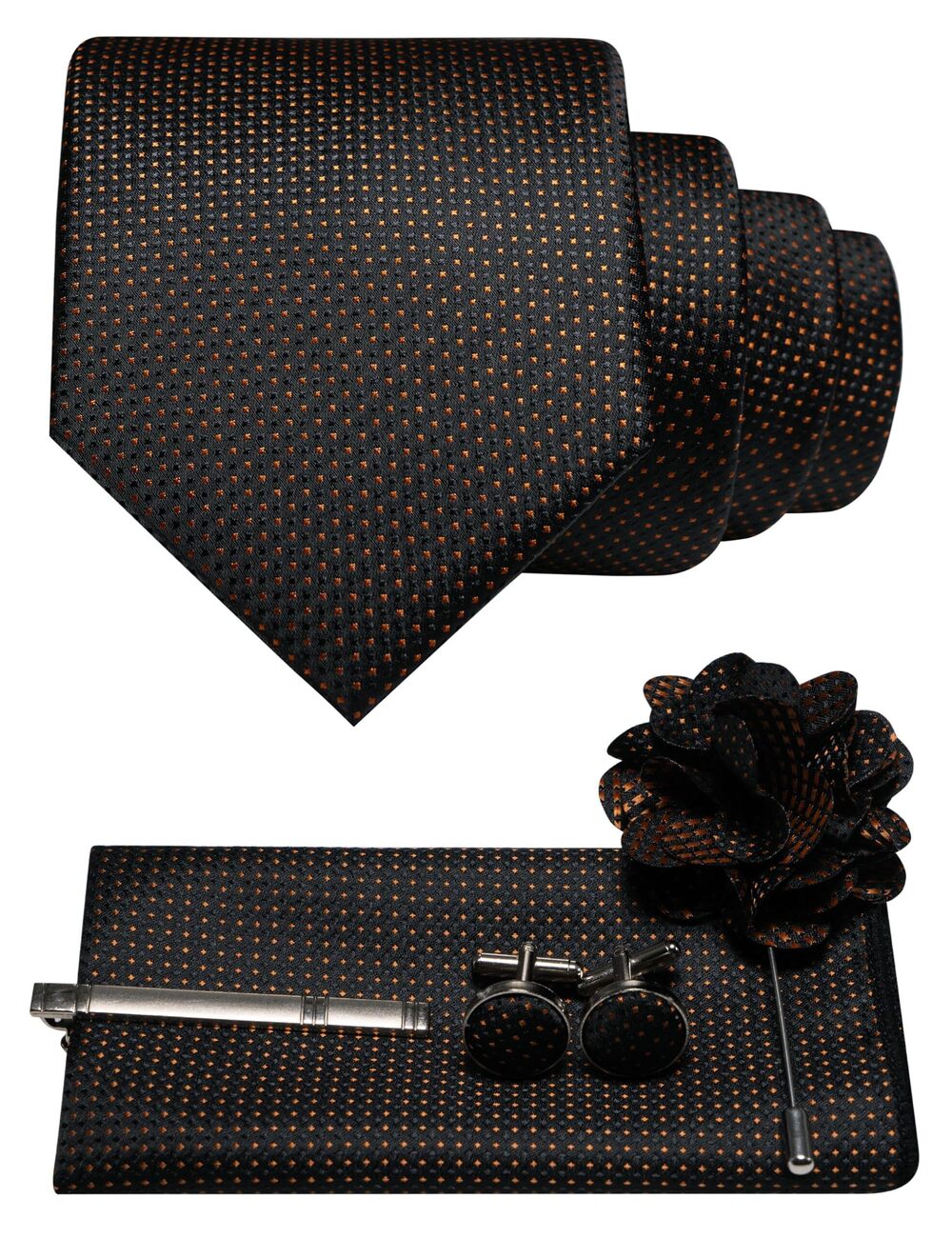 7677 Orange Tie Woven Necktie and Pocket Square Cufflinks with Lapel Pin